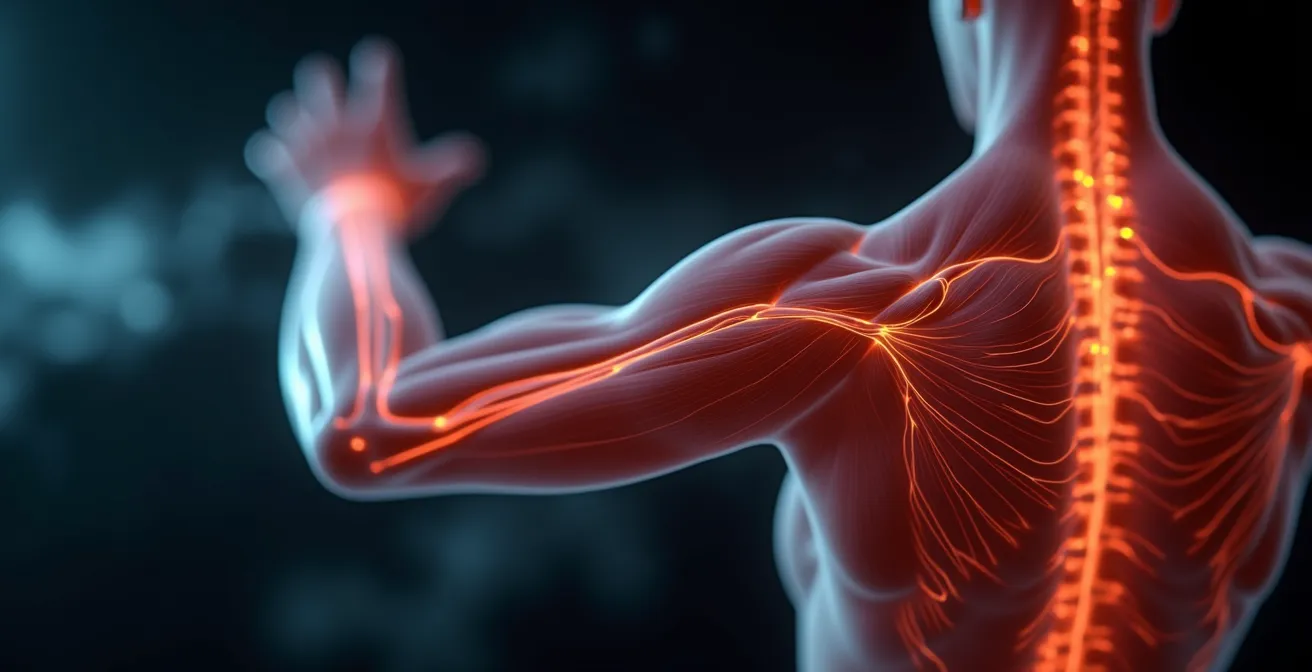 Représentation artistique d’un bras humain avec différentes phases de mouvement illustrant le drainage lymphatique et la mise en charge progressive