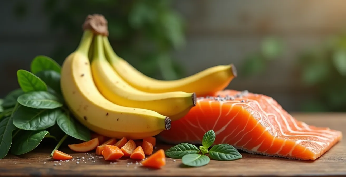 Illustration montrant des aliments riches en magnésium, calcium et potassium avec un muscle contracté en arrière-plan.