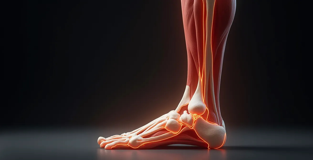 Schéma visuel des chaînes myofasciales reliant les pieds, chevilles, genoux et hanches montrant les tensions et compensations