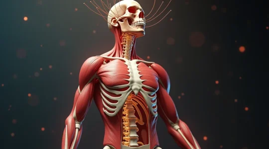 Diagramme artistique montrant le système musculo-squelettique humain avec os, muscles, articulations, tendons, ligaments et cerveau en arrière-plan
