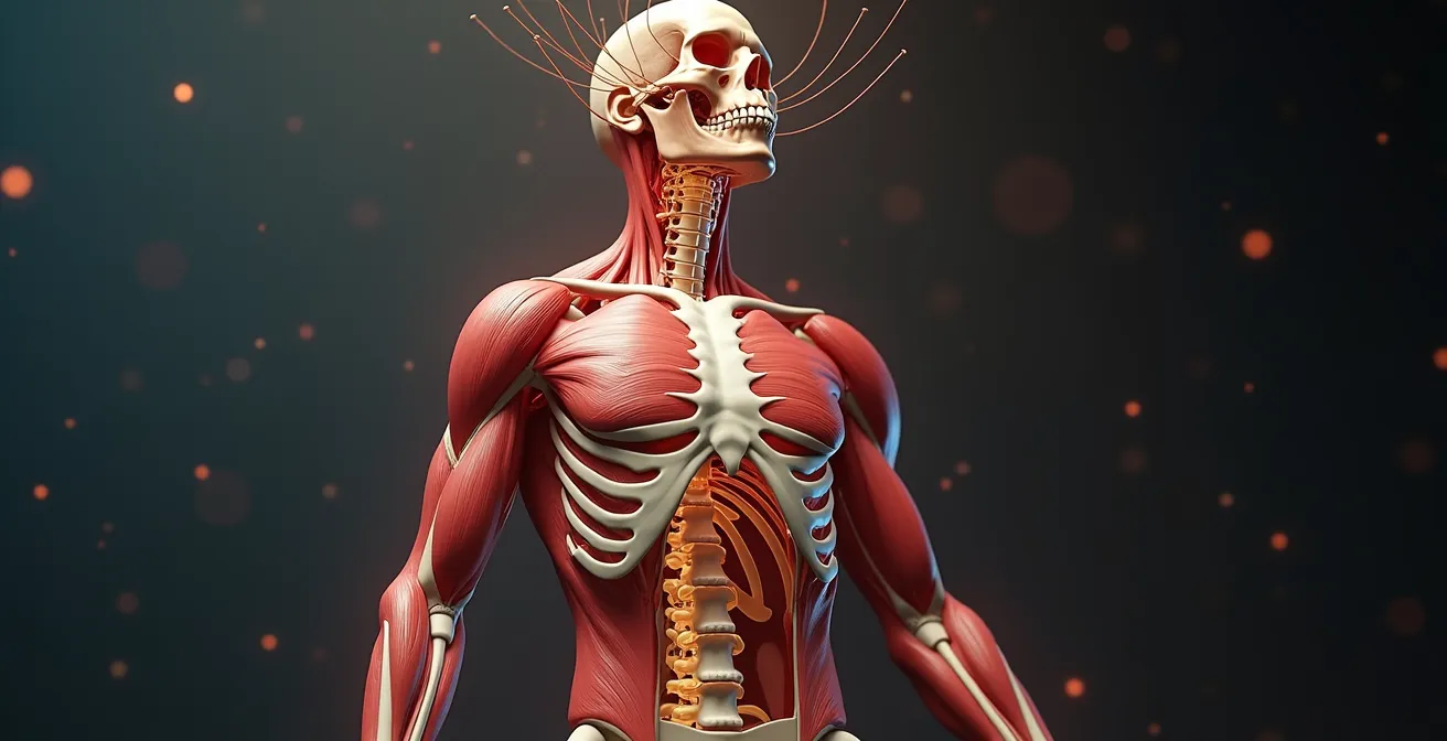 Diagramme artistique montrant le système musculo-squelettique humain avec os, muscles, articulations, tendons, ligaments et cerveau en arrière-plan