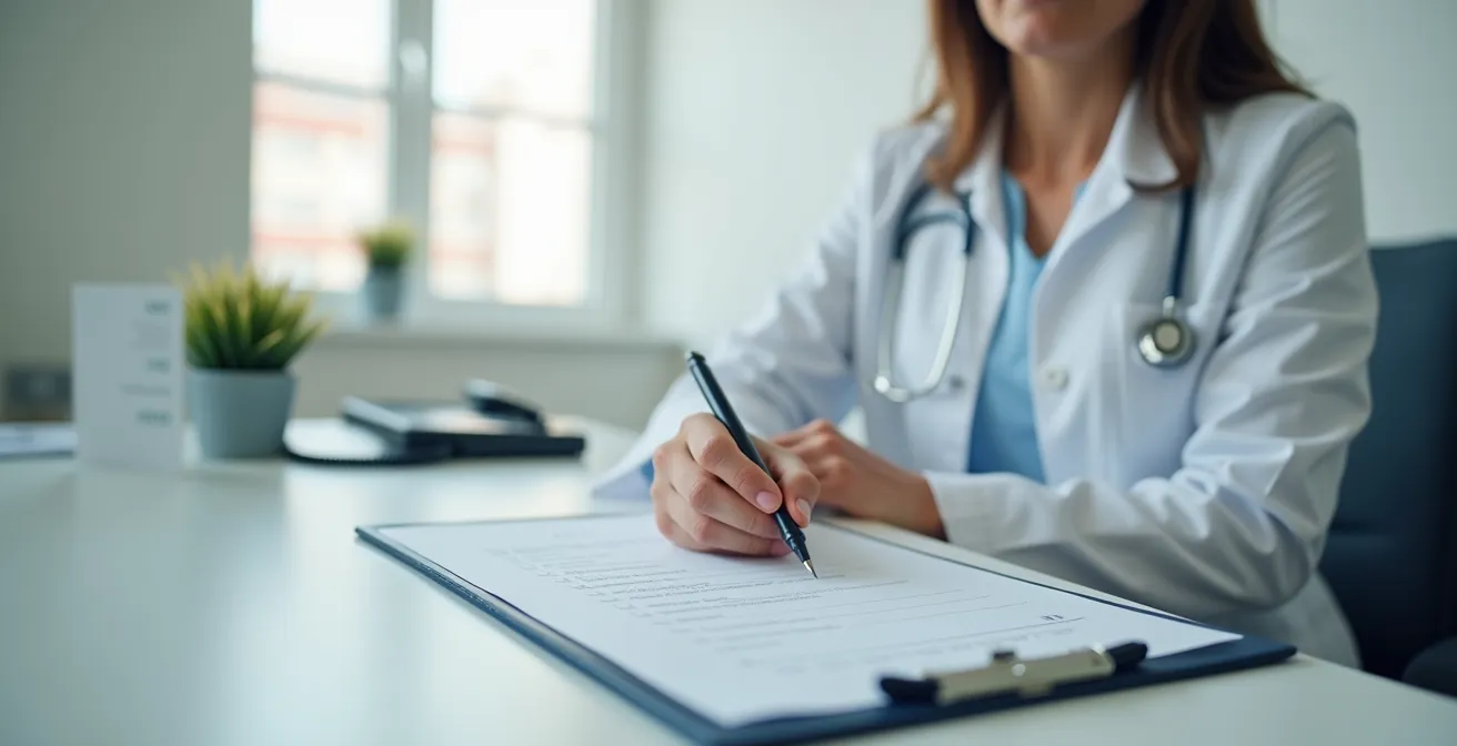 Illustration d’une checklist posée sur un bureau avec éléments symbolisant confiance et vérification pour choisir un thérapeute en médecines douces