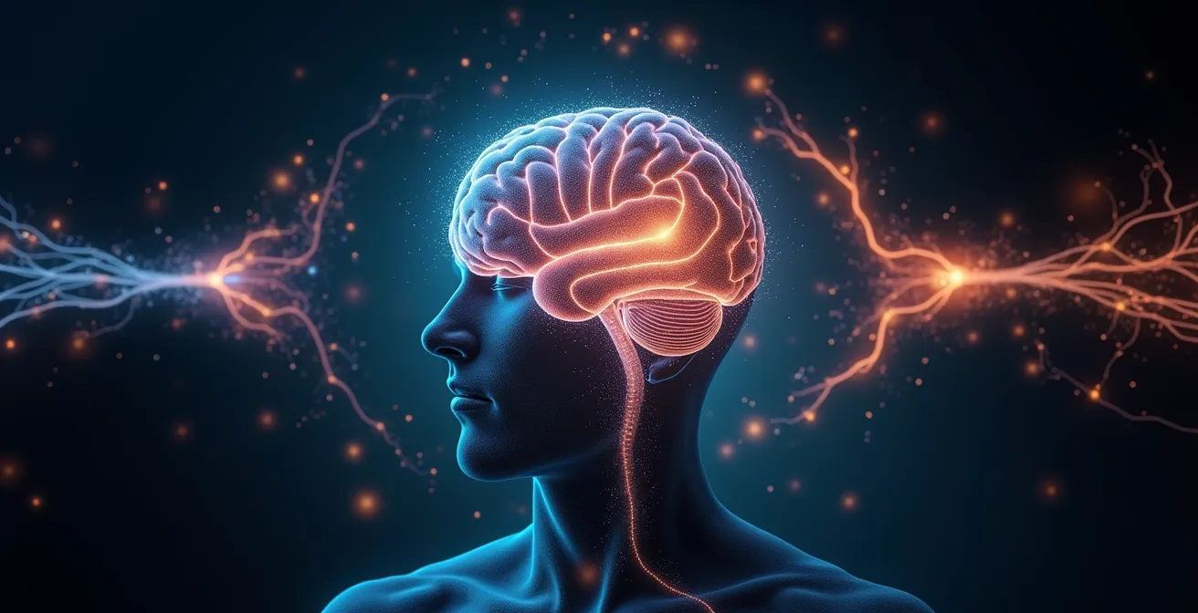 Illustration conceptuelle du cerveau envoyant des signaux aux muscles avec un retour sensoriel via une boucle de rétroaction nerveuse