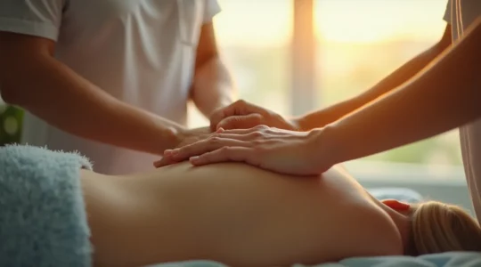 Un thérapeute effectuant une manipulation douce sur le dos d'un patient, symbolisant l'harmonie entre le corps et le système nerveux.