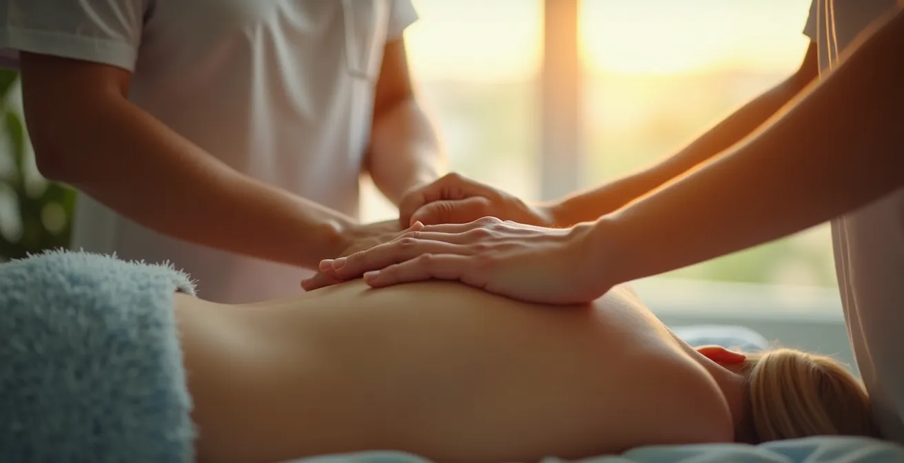 Un thérapeute effectuant une manipulation douce sur le dos d'un patient, symbolisant l'harmonie entre le corps et le système nerveux.