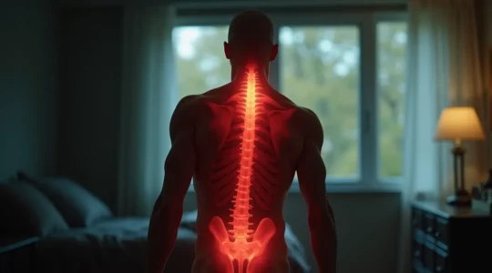 Illustration symbolique représentant un corps humain avec des zones de tensions musculaires lumineuses et des symboles de stress et d'alimentation.