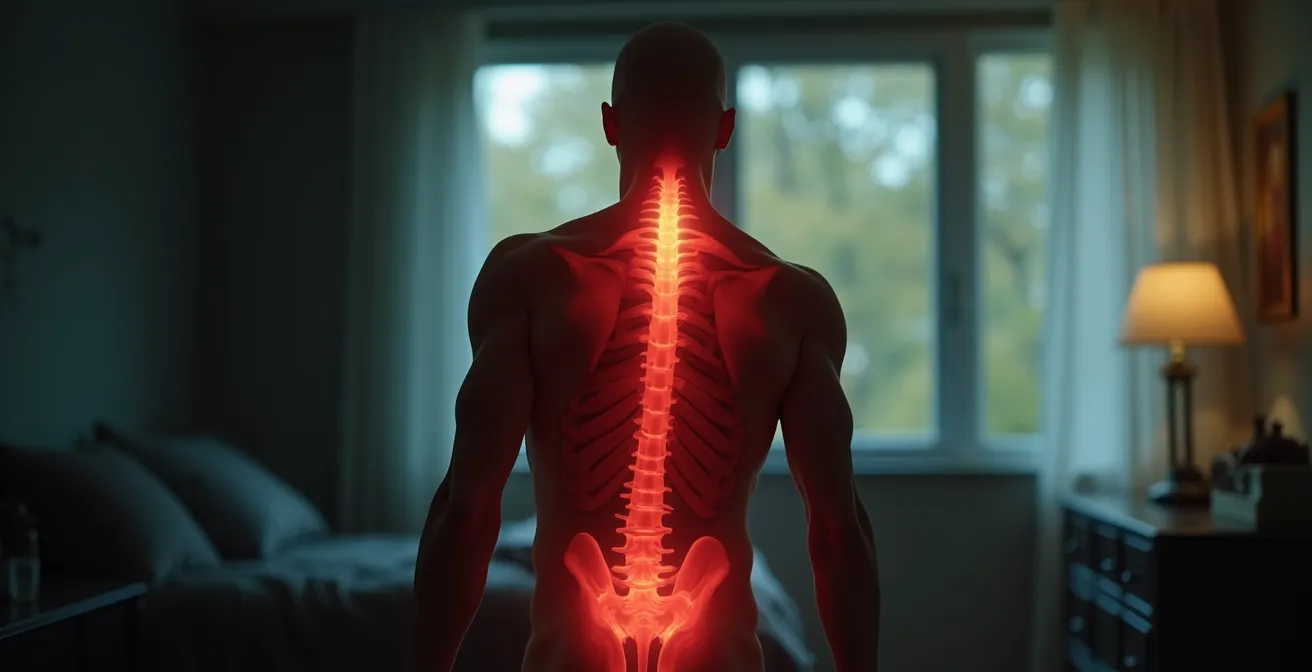 Illustration symbolique représentant un corps humain avec des zones de tensions musculaires lumineuses et des symboles de stress et d'alimentation.