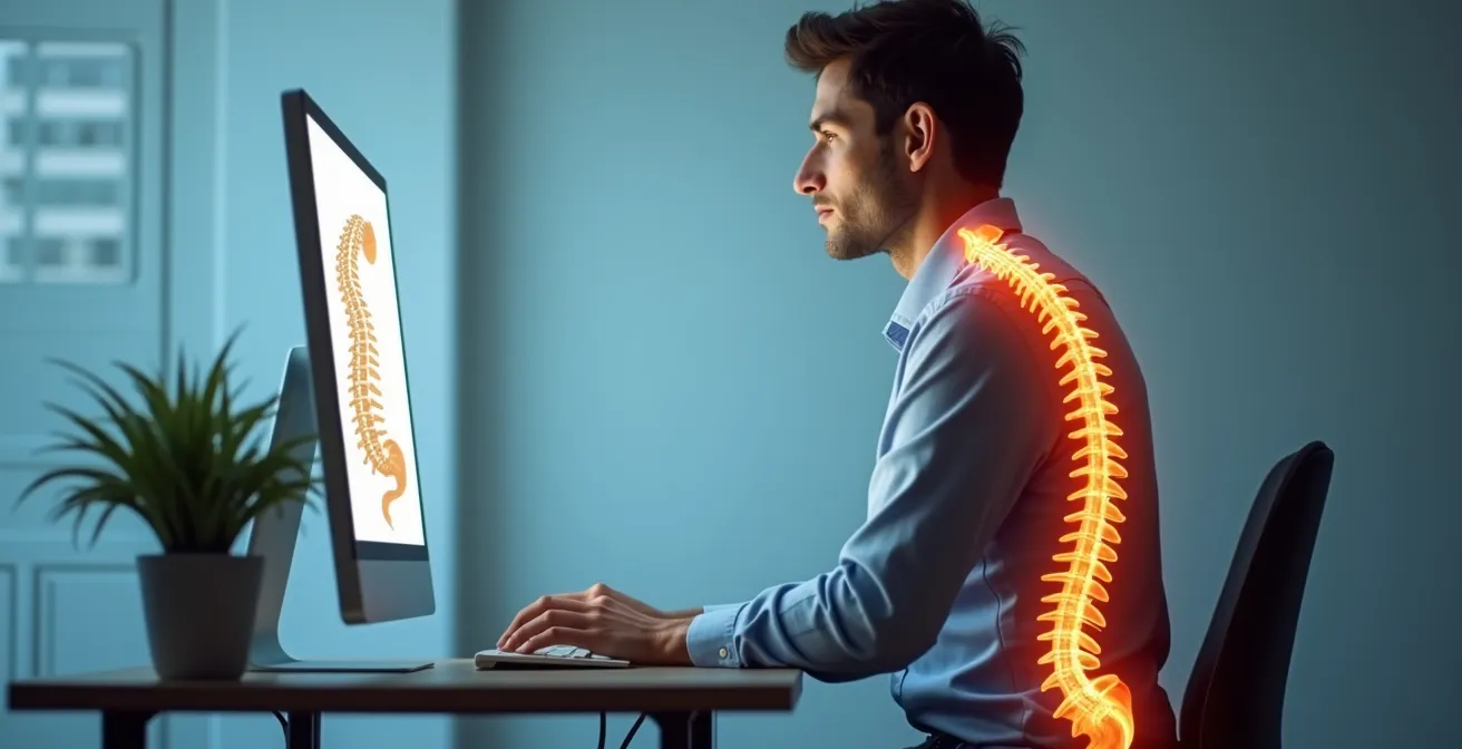 Personne assise devant un écran avec visualisation des axes de posture et déséquilibres vertébraux