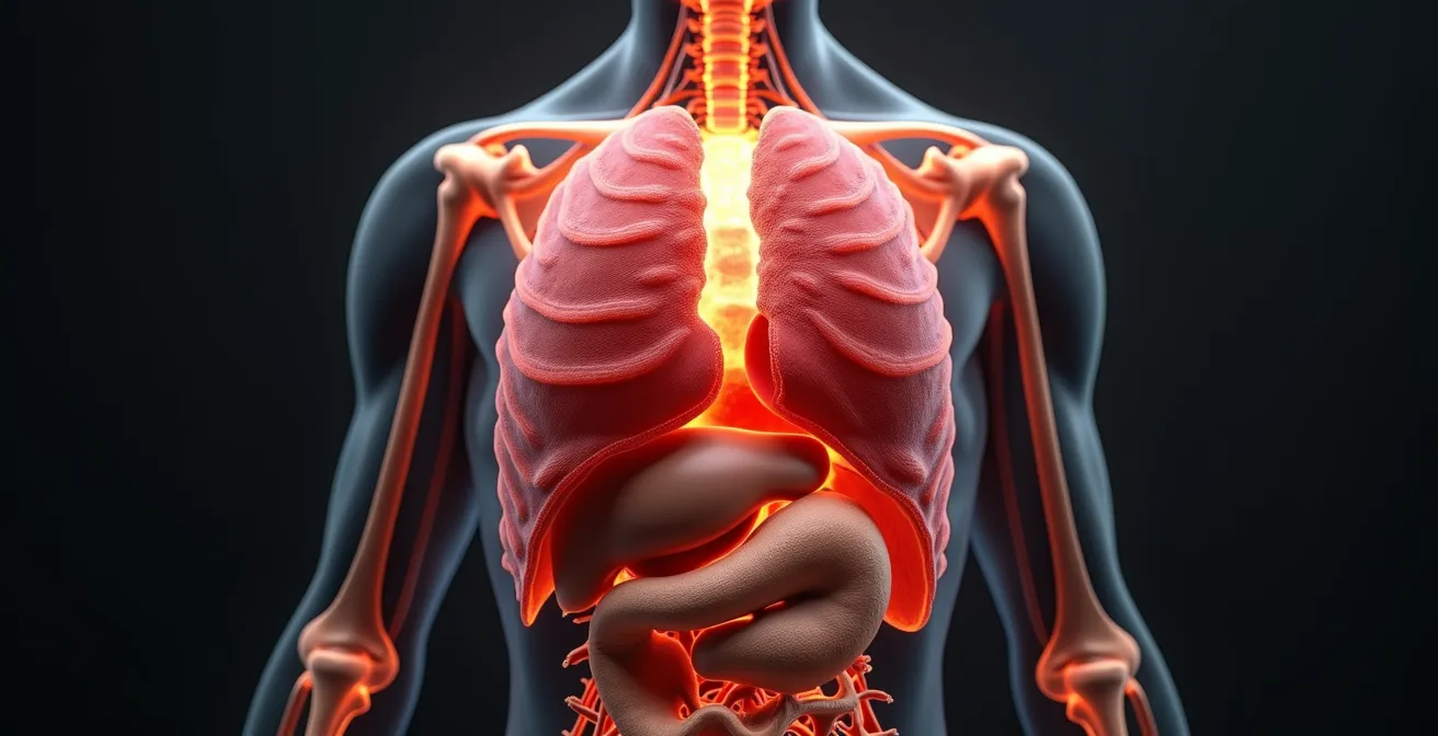Schéma anatomique montrant la relation entre le diaphragme, les attaches lombaires et les organes digestifs