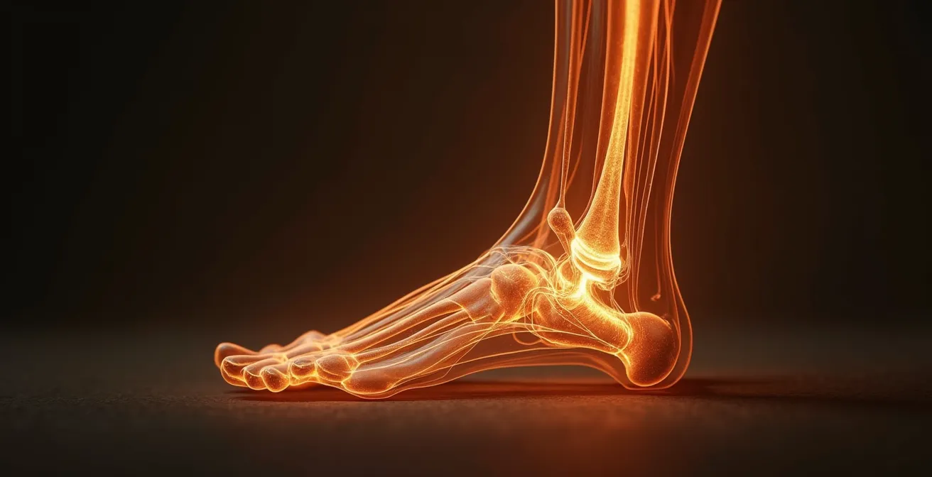 Représentation symbolique d'un fil tiré d'un pied vers le dos illustrant la chaîne musculaire et fasciale et sa relation avec la douleur dorsale