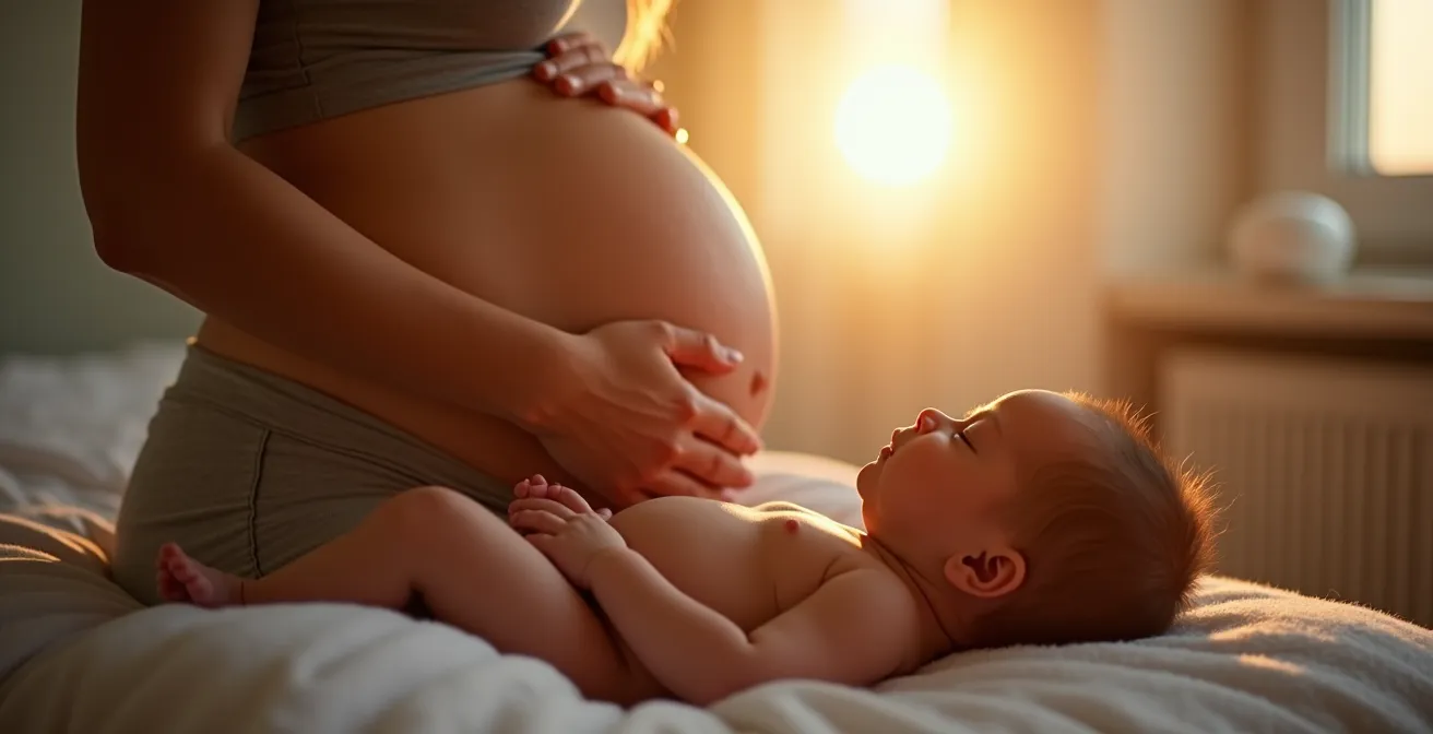 Illustration chaleureuse montrant une femme enceinte recevant un soin ostéopathique doux et un nourrisson apaisé après manipulation