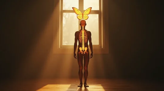 Illustration symbolique de l'effet papillon montrant une silhouette humaine avec une chaîne musculaire et osseuse perturbée partant des pieds jusqu'à la tête, représentant un déséquilibre postural