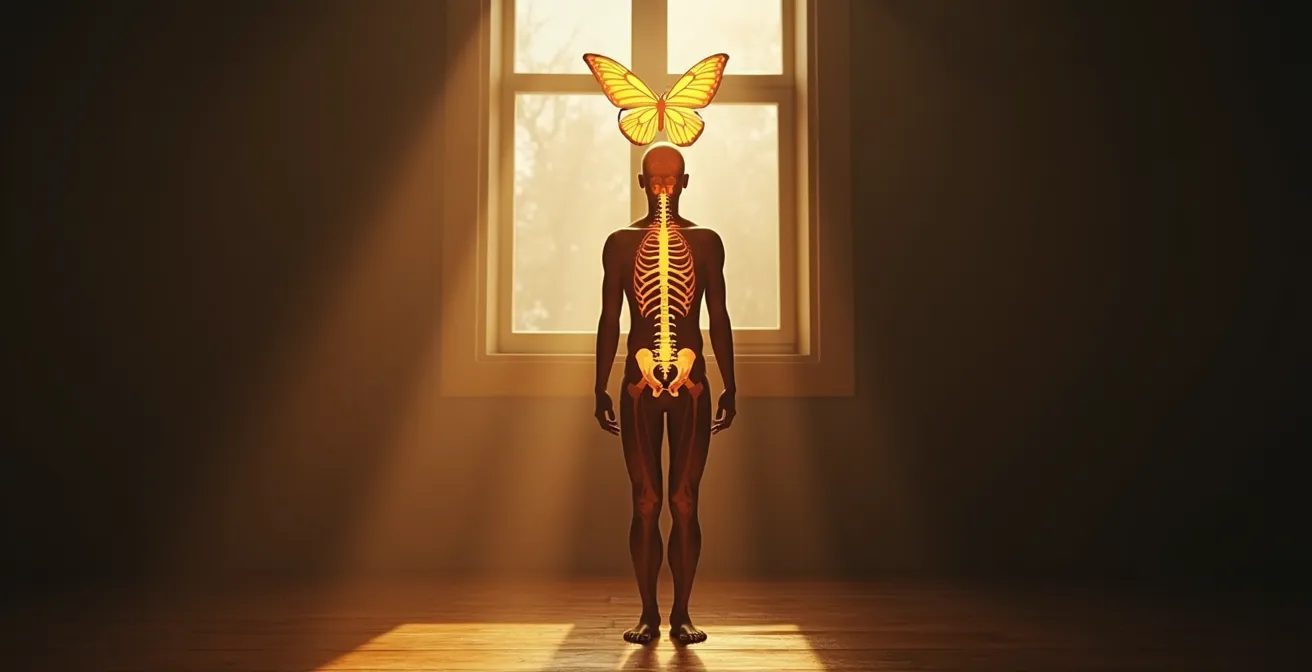 Illustration symbolique de l'effet papillon montrant une silhouette humaine avec une chaîne musculaire et osseuse perturbée partant des pieds jusqu'à la tête, représentant un déséquilibre postural