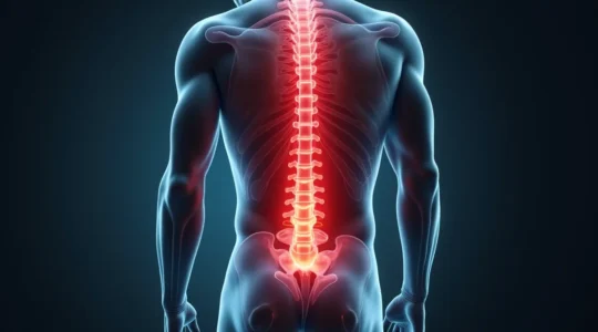 Vue symbolique d'un dos humain avec zones de douleur lombaire mises en évidence par une lumière rouge diffuse, entourée d'éléments illustrant les nerfs, les muscles, les disques vertébraux et le ventre