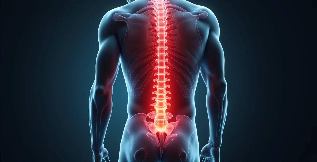 Vue symbolique d'un dos humain avec zones de douleur lombaire mises en évidence par une lumière rouge diffuse, entourée d'éléments illustrant les nerfs, les muscles, les disques vertébraux et le ventre