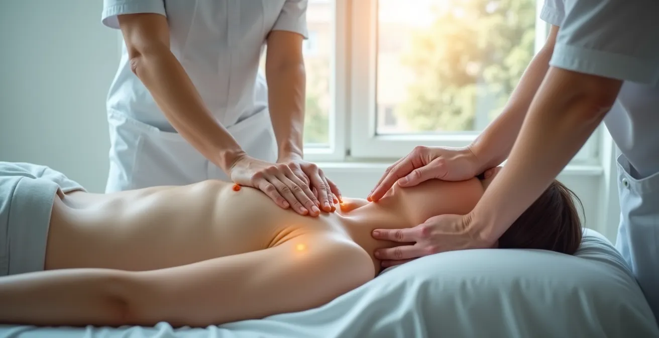 Illustration visuelle du craquement articulaire, du toucher viscéral et des manipulations crâniennes en ostéopathie