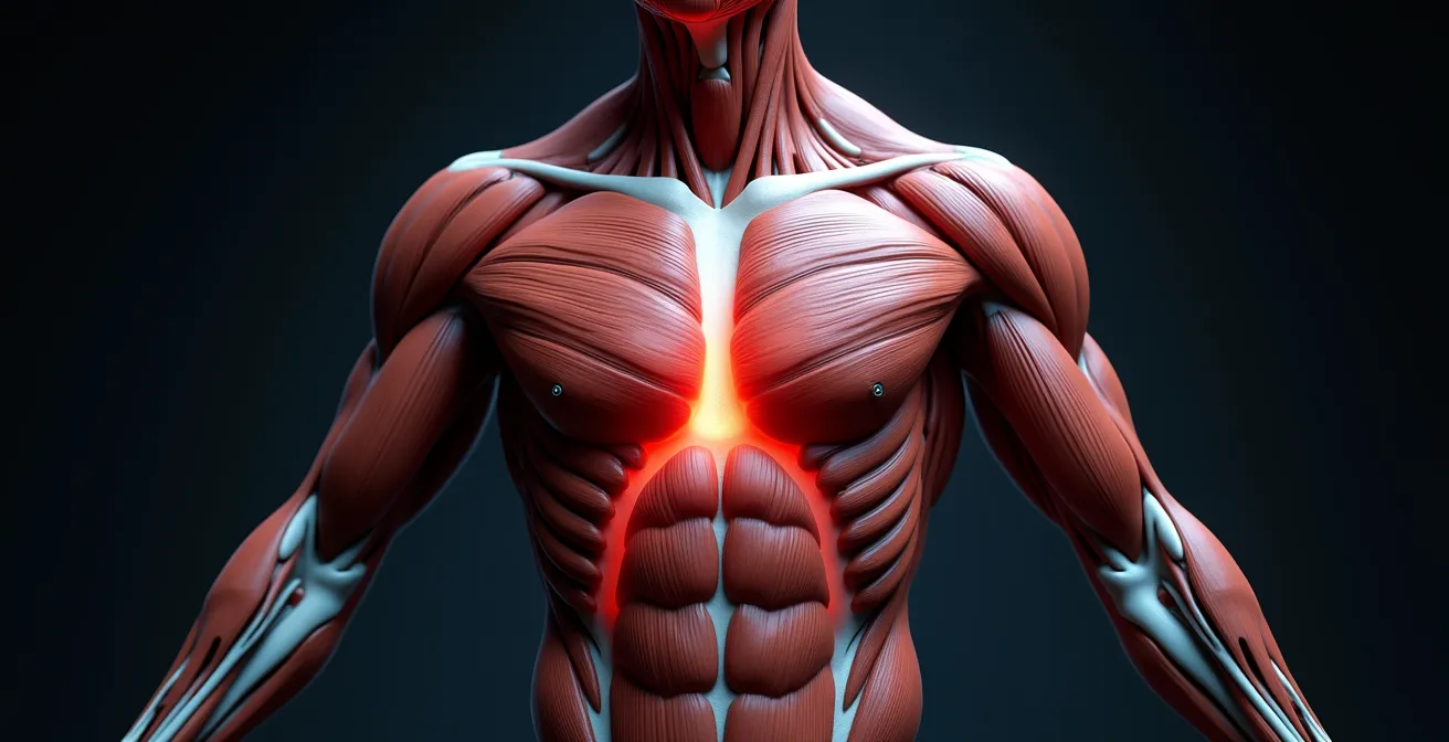 Illustration anatomique montrant le réseau des fascias entourant les muscles striés et lisses avec indication de leurs rôles respectifs