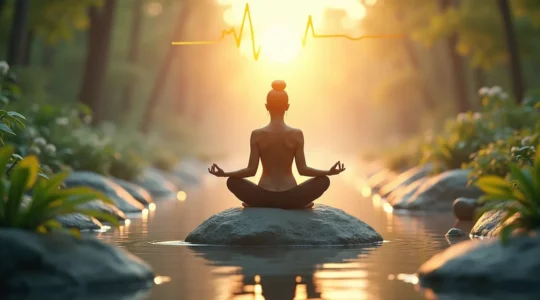 Illustration symbolique d'une personne méditant sur une base solide avec des éléments de nature et de bien-être autour