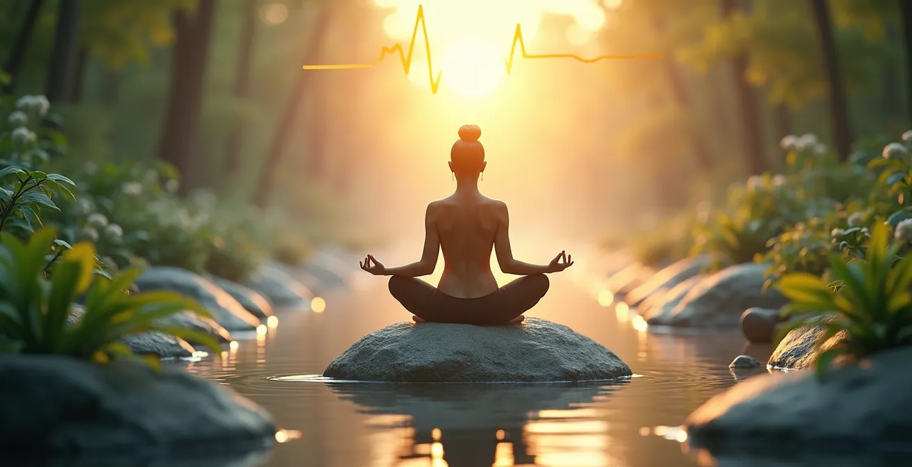 Illustration symbolique d'une personne méditant sur une base solide avec des éléments de nature et de bien-être autour