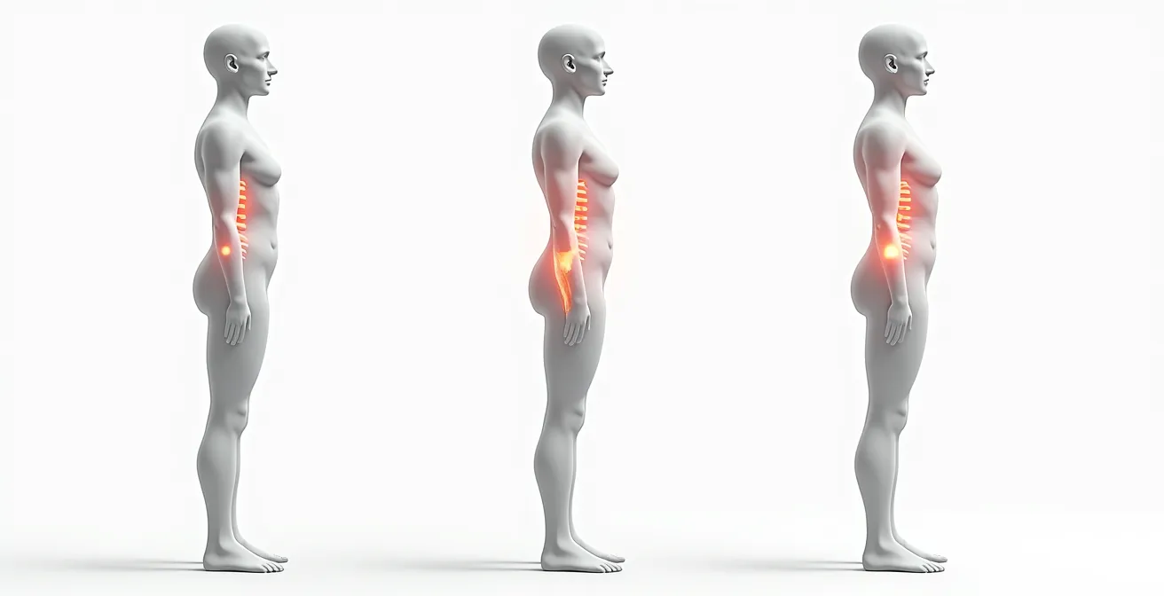 Schéma illustrant différents archétypes posturaux liés aux modes de vie modernes, incluant la posture du smartphone, la posture de l'automobiliste, et le sway back.