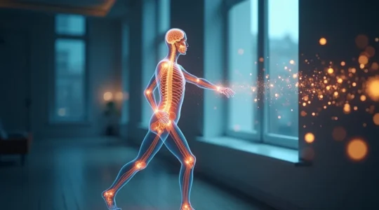 Illustration symbolique représentant la kinésithérapie comme une connexion harmonieuse entre le corps humain en mouvement et le cerveau, évoquant la science et le bien-être