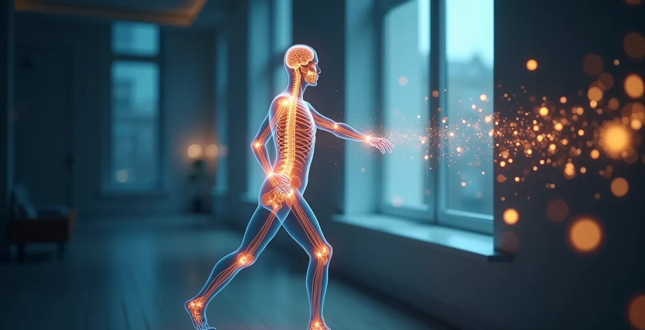Illustration symbolique représentant la kinésithérapie comme une connexion harmonieuse entre le corps humain en mouvement et le cerveau, évoquant la science et le bien-être