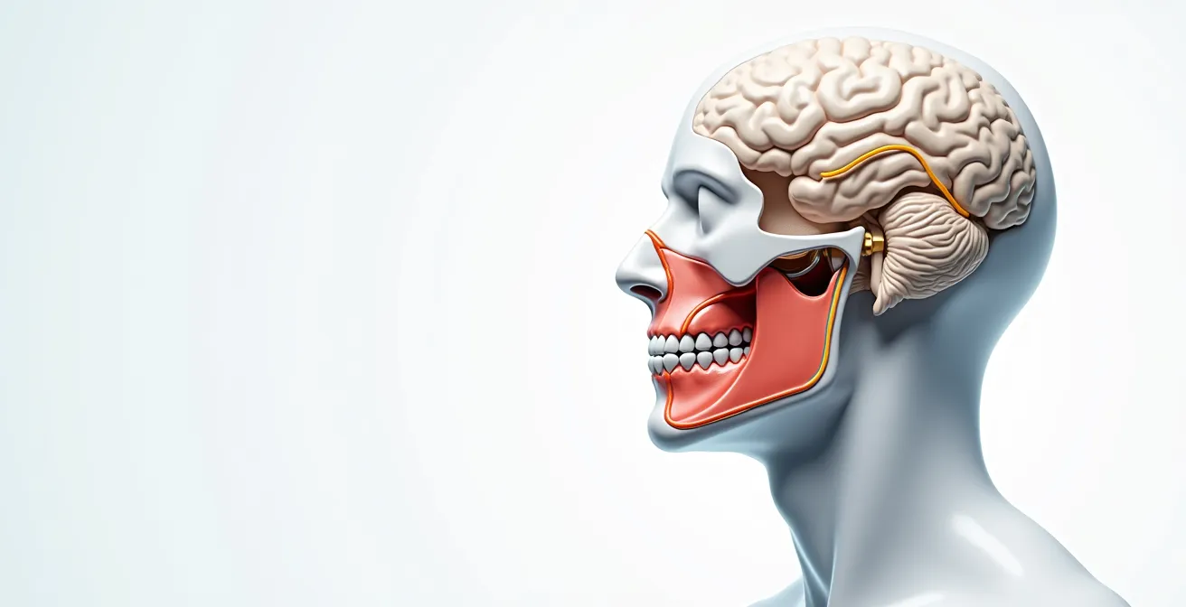 Schéma symbolique montrant la mâchoire avec le nerf trijumeau connecté au cerveau et au système nerveux de l'équilibre