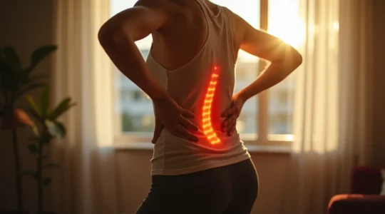 Personne debout qui étire son dos avec une lumière douce symbolisant la libération de la douleur dorsale