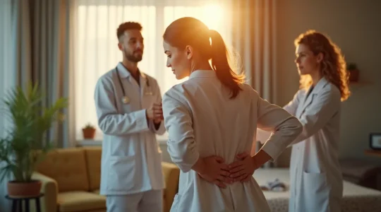 Illustration représentant un patient avec douleur dorsale entouré de kinésithérapeute et ostéopathe en consultation