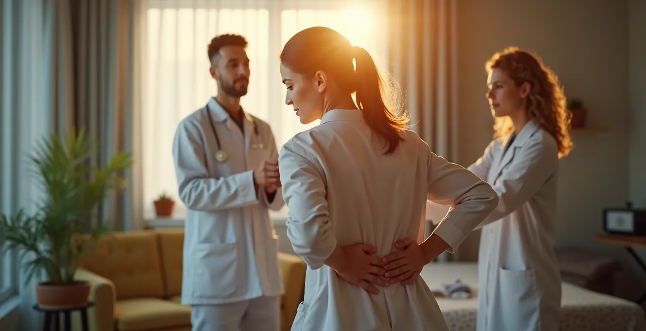 Illustration représentant un patient avec douleur dorsale entouré de kinésithérapeute et ostéopathe en consultation