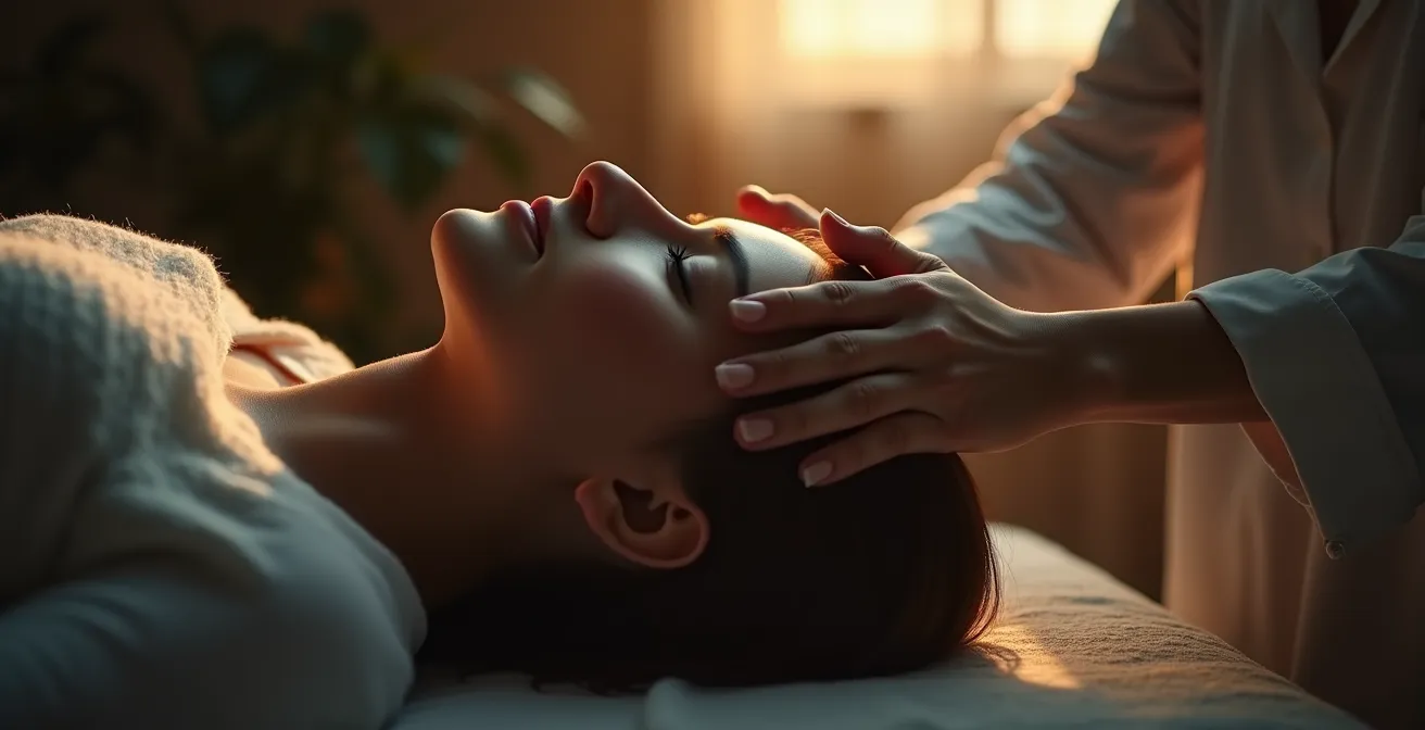 Un thérapeute effectuant une manipulation crânienne douce, suggérant la détente et la régulation du système nerveux autonome.