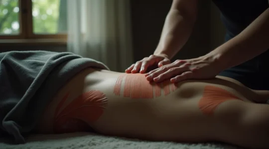 Illustration d'un massage deep tissue montrant la pression exercée sur les muscles profonds avec visualisation symbolique des fibres musculaires et du fascia