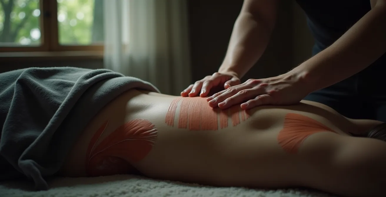 Illustration d'un massage deep tissue montrant la pression exercée sur les muscles profonds avec visualisation symbolique des fibres musculaires et du fascia