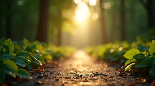 Illustration symbolique représentant un chemin de découverte des médecines douces avec des éléments naturels et symboles de bien-être