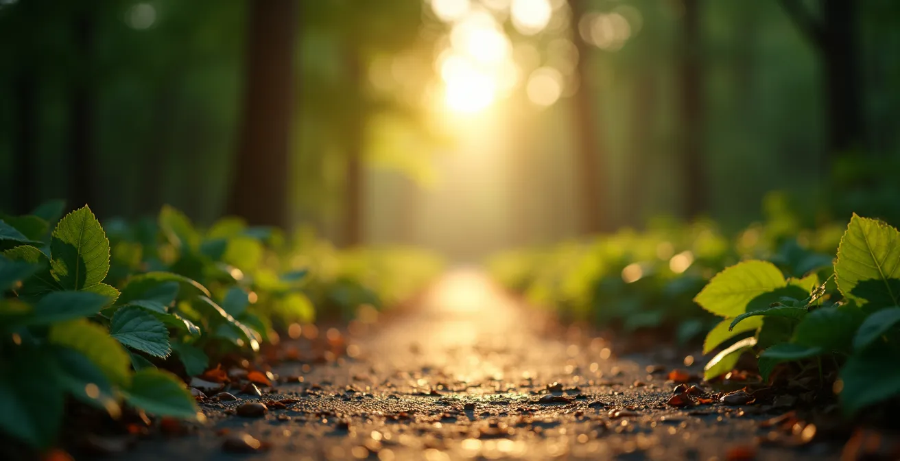 Illustration symbolique représentant un chemin de découverte des médecines douces avec des éléments naturels et symboles de bien-être