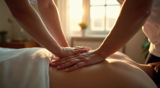 Une scène symbolique représentant un ostéopathe en train de manipuler délicatement le dos d'un patient dans un environnement apaisant