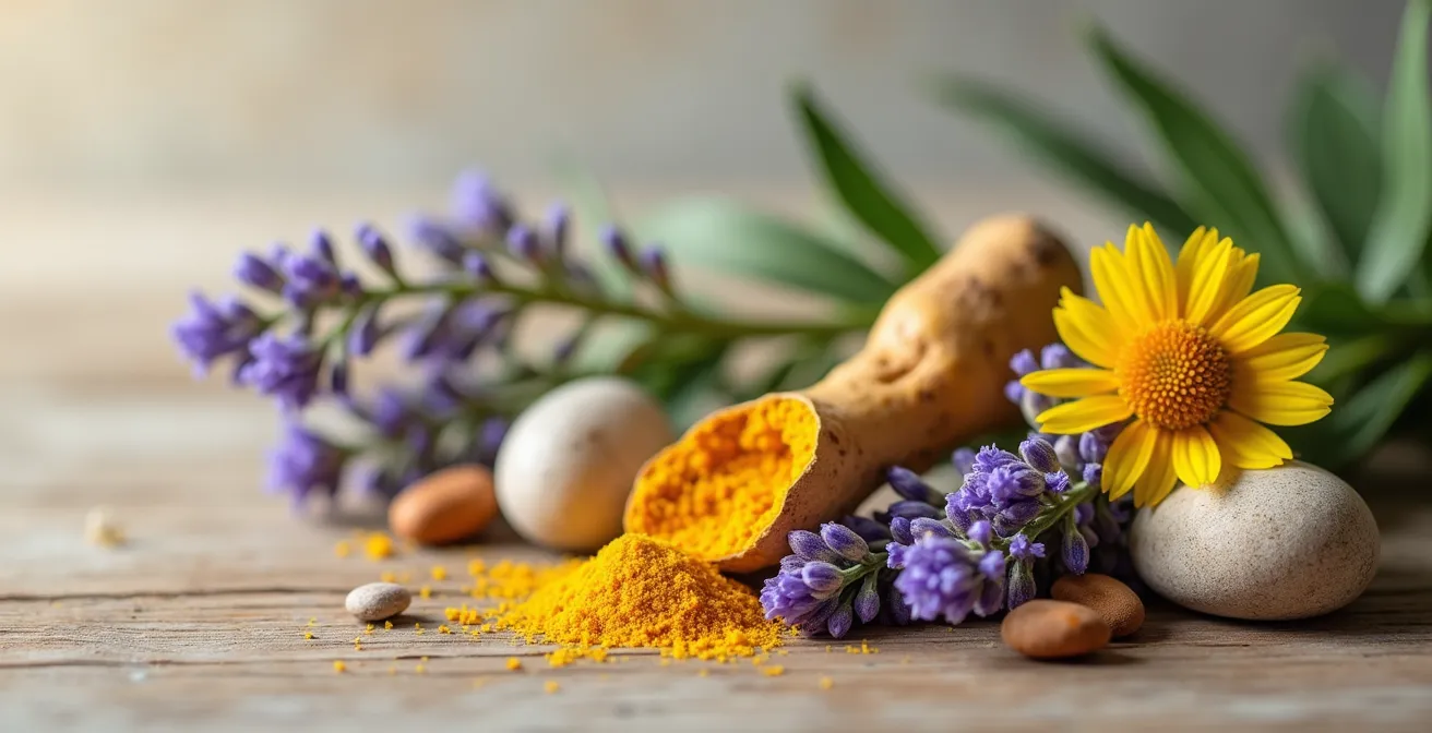 Image photographique réaliste de plantes médicinales variées et de minéraux naturels disposés sur une surface en bois naturel, symbolisant la thérapie naturelle