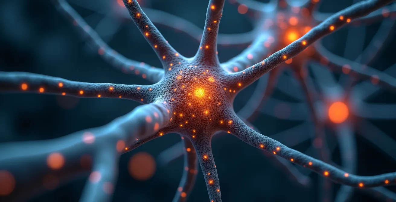 Représentation schématique des neurones et synapses illustrant la plasticité neuronale pendant la rééducation