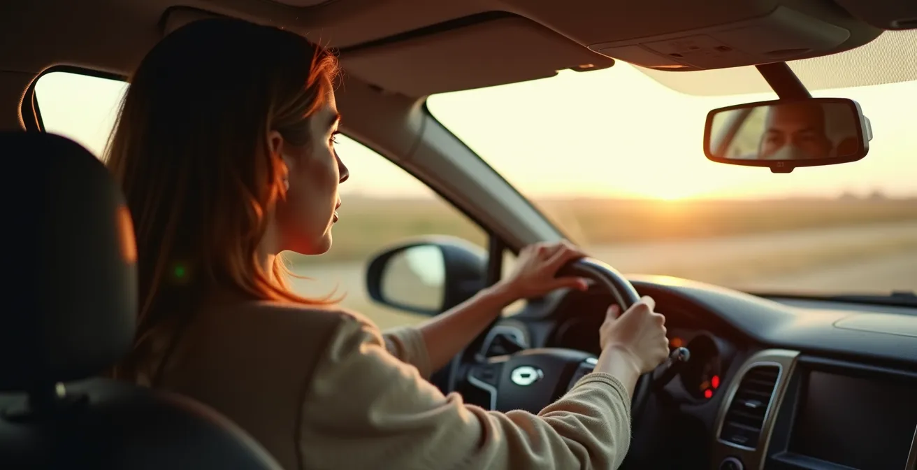 Personne dans une voiture ajustant son rétroviseur intérieur pour améliorer la posture et soulager le dos