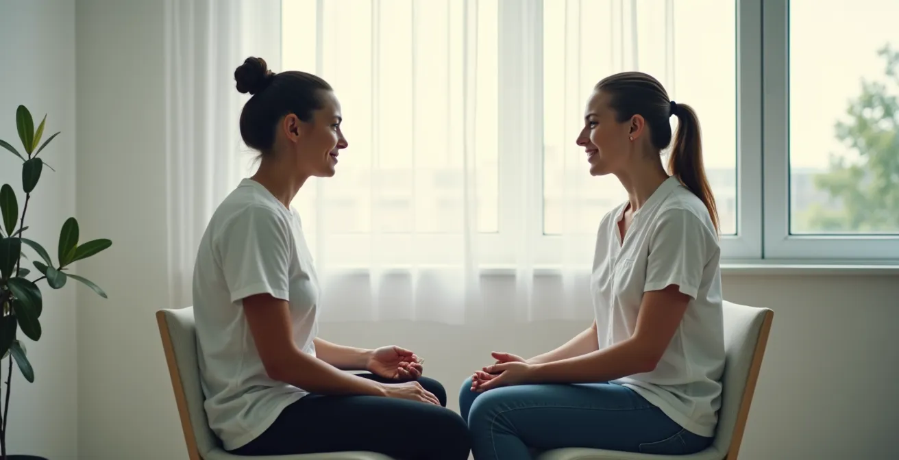Interaction chaleureuse et professionnelle entre un patient et un praticien lors de la première séance d'ostéopathie ou kinésithérapie