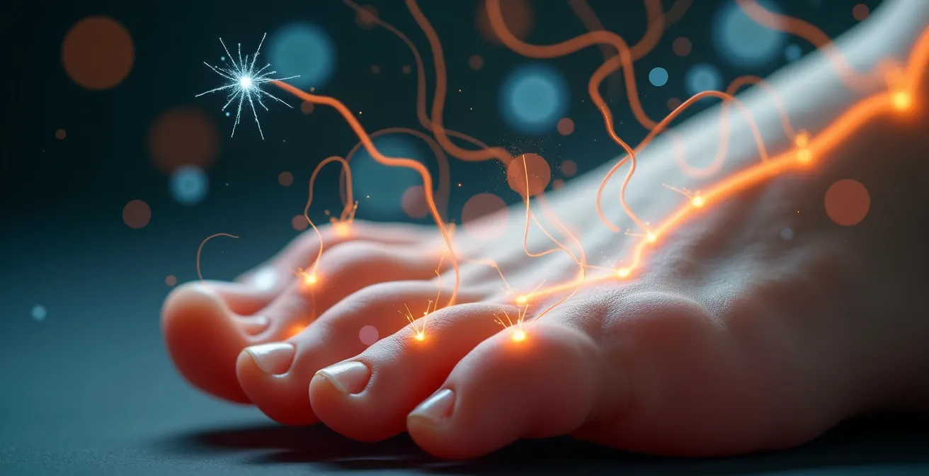 Illustration détaillée d'un pied en contact avec le sol montrant les récepteurs nerveux sous la voûte plantaire et leur communication vers le cerveau