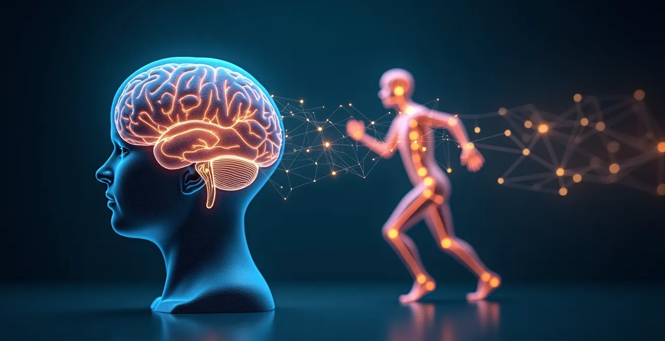 Interaction symbolique entre cerveau et corps humain montrant la rééducation fonctionnelle