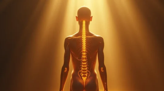 Illustration symbolique d'un corps humain suspendu par un fil d'or représentant la reprogrammation posturale et l'alignement corporel