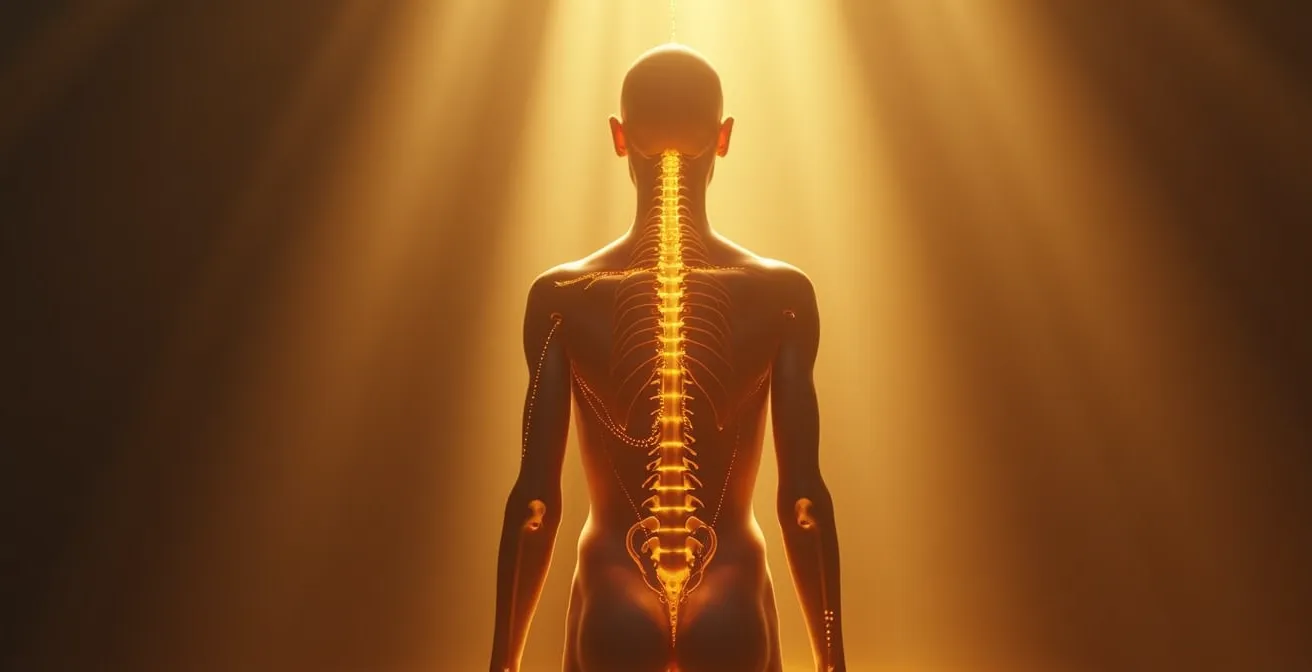 Illustration symbolique d'un corps humain suspendu par un fil d'or représentant la reprogrammation posturale et l'alignement corporel