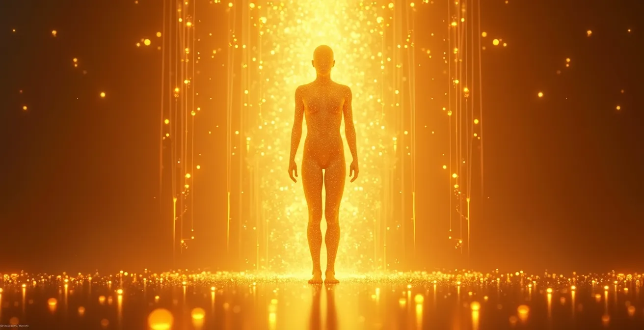 Illustration symbolique d'un corps humain libere du stress, mise en avant du relachement myofascial sous une lumiere dorée.