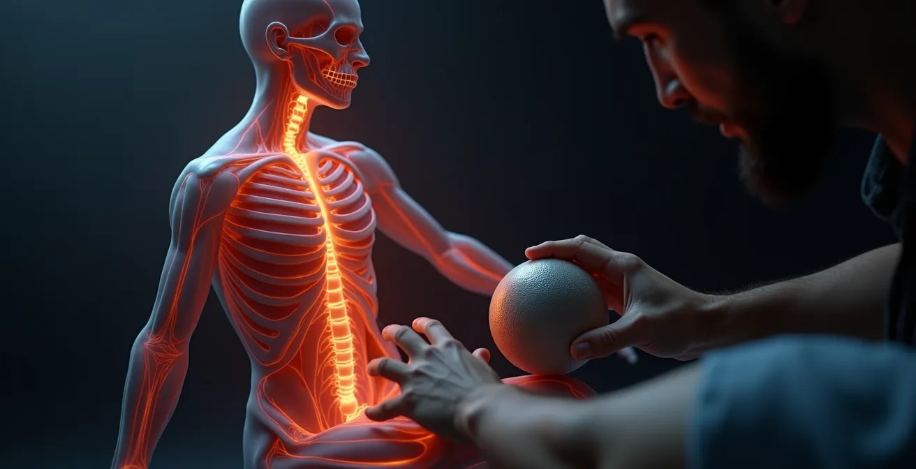Figure humaine avec le réseau de fascias mis en évidence et des points de pression soulagés à l'aide d'une balle pour le relâchement myofascial.