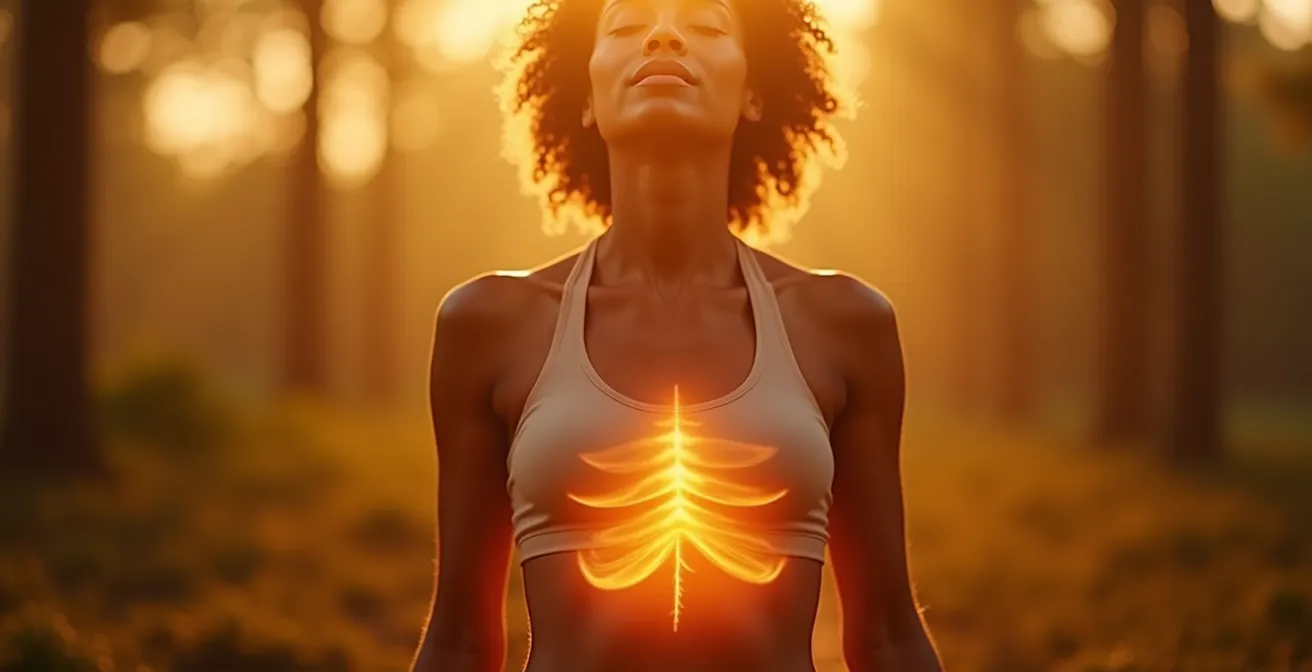Illustration symbolique d'une personne respirant profondément avec un diaphragme mis en valeur au centre du corps, entourée d'ondes lumineuses symbolisant la santé et la transformation