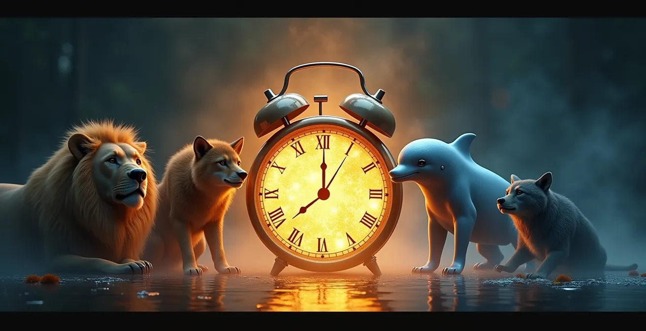 Illustration représentant une horloge biologique stylisée avec personnages incarnant les chronotypes lion, ours, loup et dauphin dans différents cadres de rituels matinaux et du soir