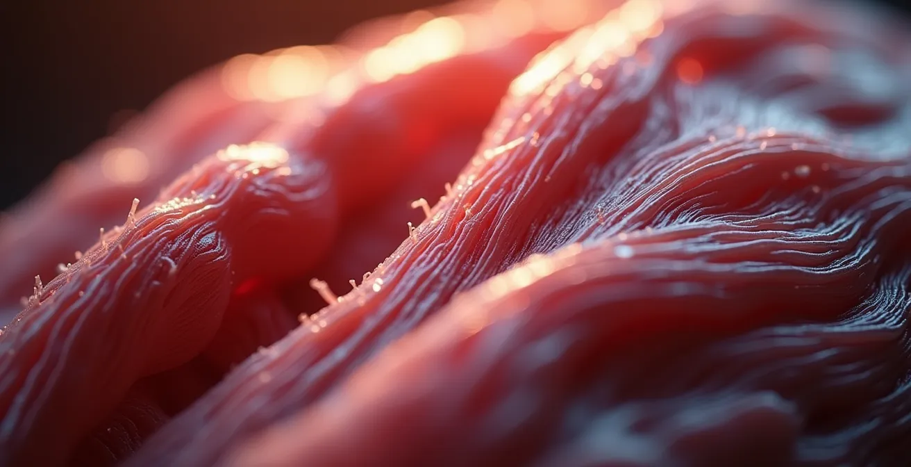 Schéma visuel de la fibrose des fascias sous l’effet du cortisol, avec des tissus rigides entourant les muscles.
