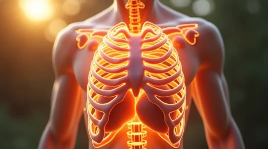 Illustration d'une cage thoracique flexible en mouvement avec des côtes dansantes et un souffle vibrant